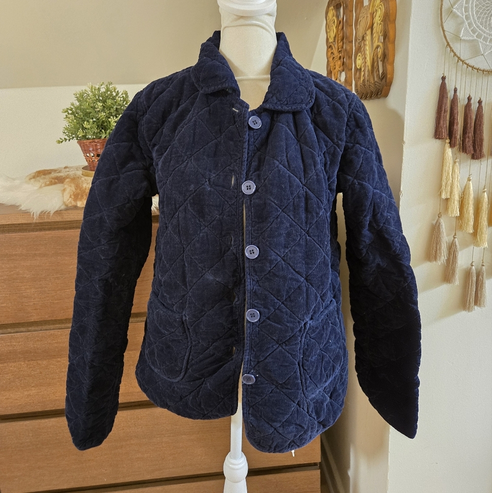 La Cera reversible navy blue/plaid quilted lightweight button-up spring jacket